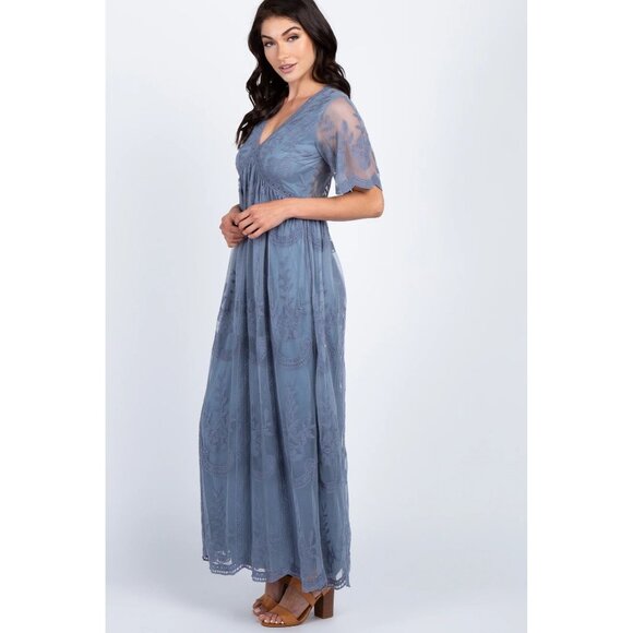 Pinkblush Dresses & Skirts - PinkBlush Blue Lace Mesh Overlay Maxi Dress Small Boho Fairy Feminine Empire Wai